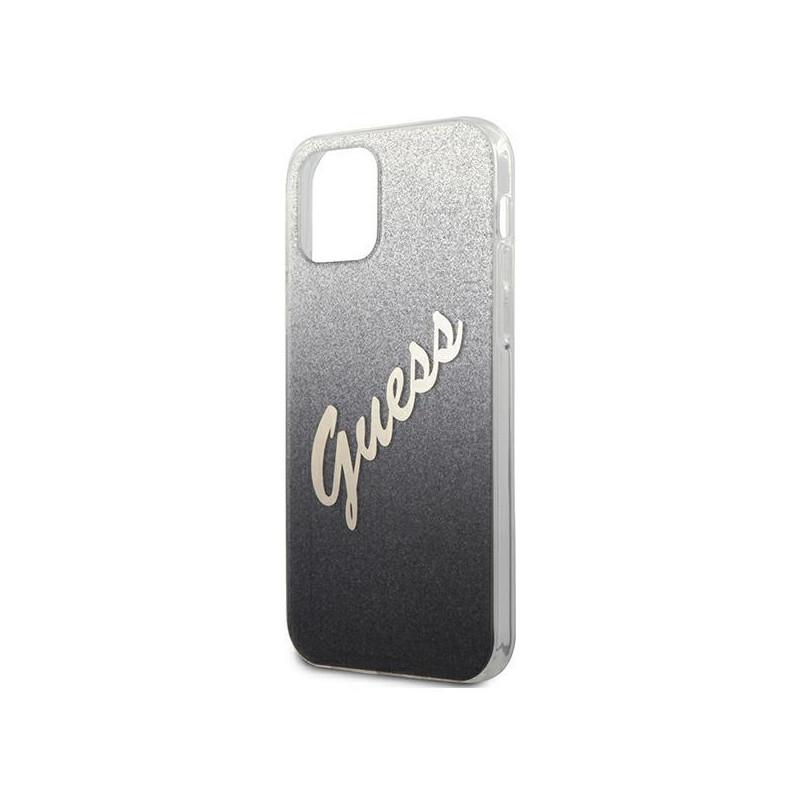 Guess Glitter Gradient Script dėklas, skirtas iPhone 12 / iPhone 12 Pro - juodas