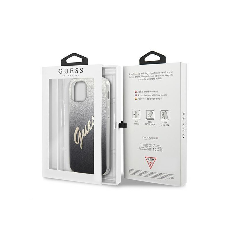 Guess Glitter Gradient Script dėklas, skirtas iPhone 12 / iPhone 12 Pro - juodas