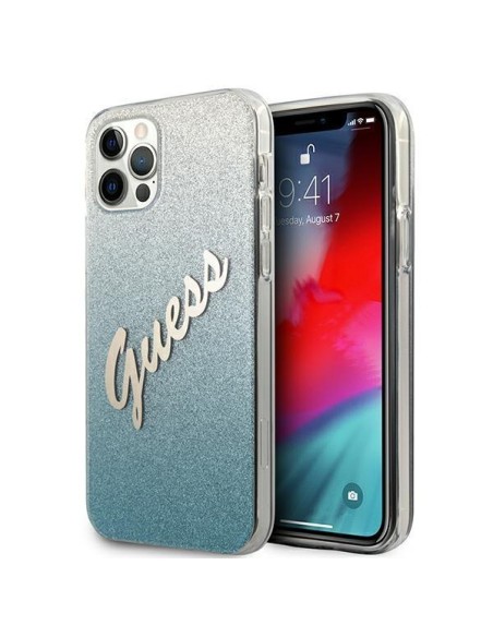 Guess Glitter Gradient Script dėklas, skirtas iPhone 12 / iPhone 12 Pro - mėlynas Guess Glitter Gradient Script dėklas, skirtas iPhone 12 / iPhone 12 Pro - mėlynas