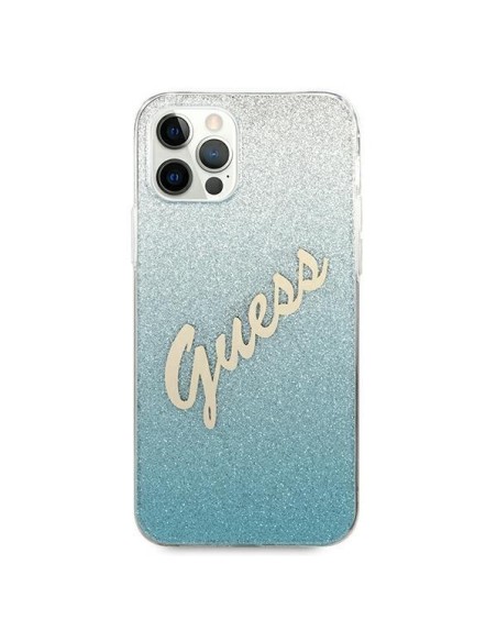 Guess Glitter Gradient Script dėklas, skirtas iPhone 12 / iPhone 12 Pro - mėlynas Guess Glitter Gradient Script dėklas, skirtas iPhone 12 / iPhone 12 Pro - mėlynas