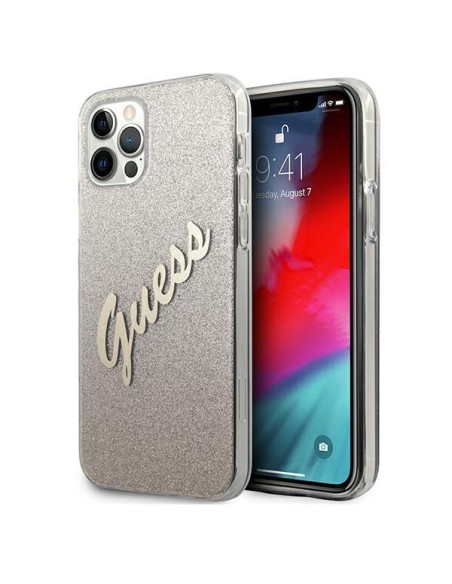 Guess Glitter Gradient Script dėklas, skirtas iPhone 12 / iPhone 12 Pro - auksinis Guess Glitter Gradient Script dėklas, skirtas iPhone 12 / iPhone 12 Pro - auksinis