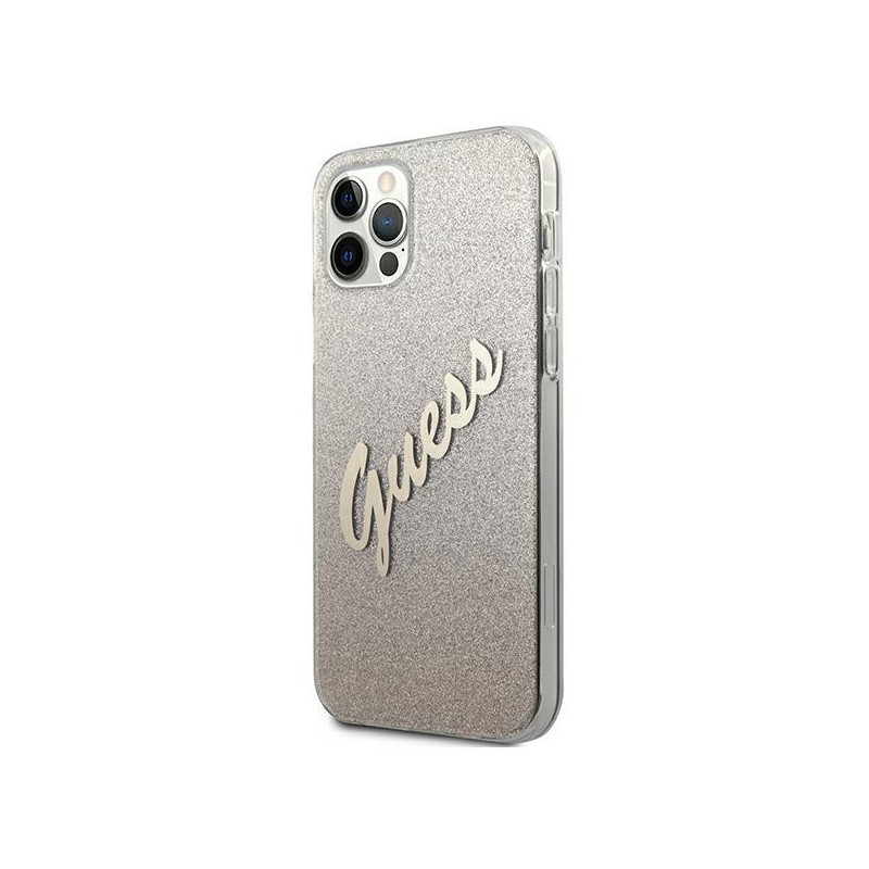 Guess Glitter Gradient Script dėklas, skirtas iPhone 12 / iPhone 12 Pro - auksinis