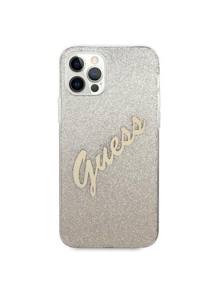 Guess Glitter Gradient Script dėklas, skirtas iPhone 12 / iPhone 12 Pro - auksinis Guess Glitter Gradient Script dėklas, skirtas iPhone 12 / iPhone 12 Pro - auksinis