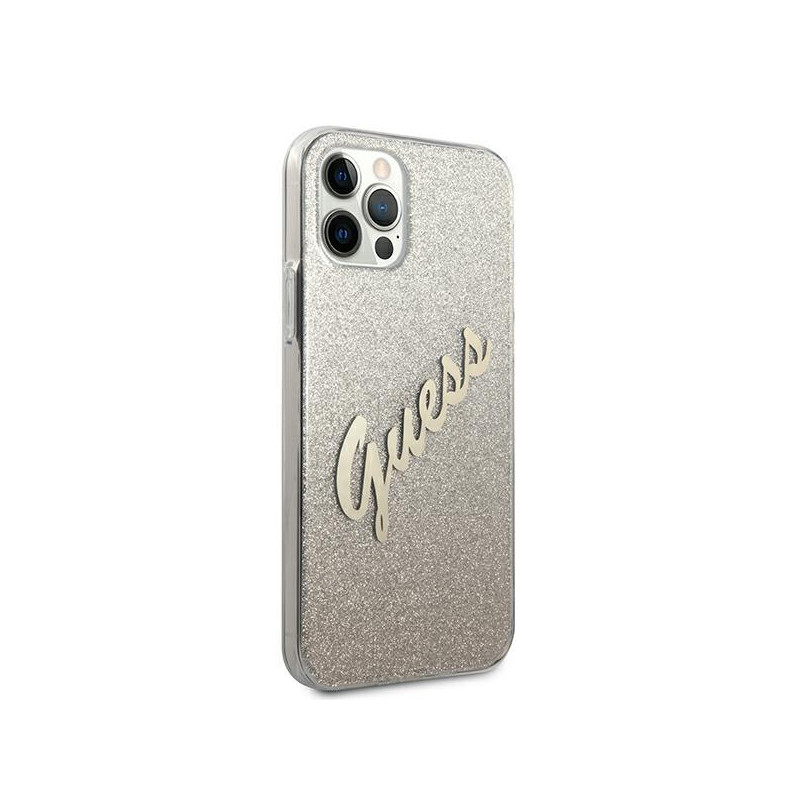 Guess Glitter Gradient Script dėklas, skirtas iPhone 12 / iPhone 12 Pro - auksinis