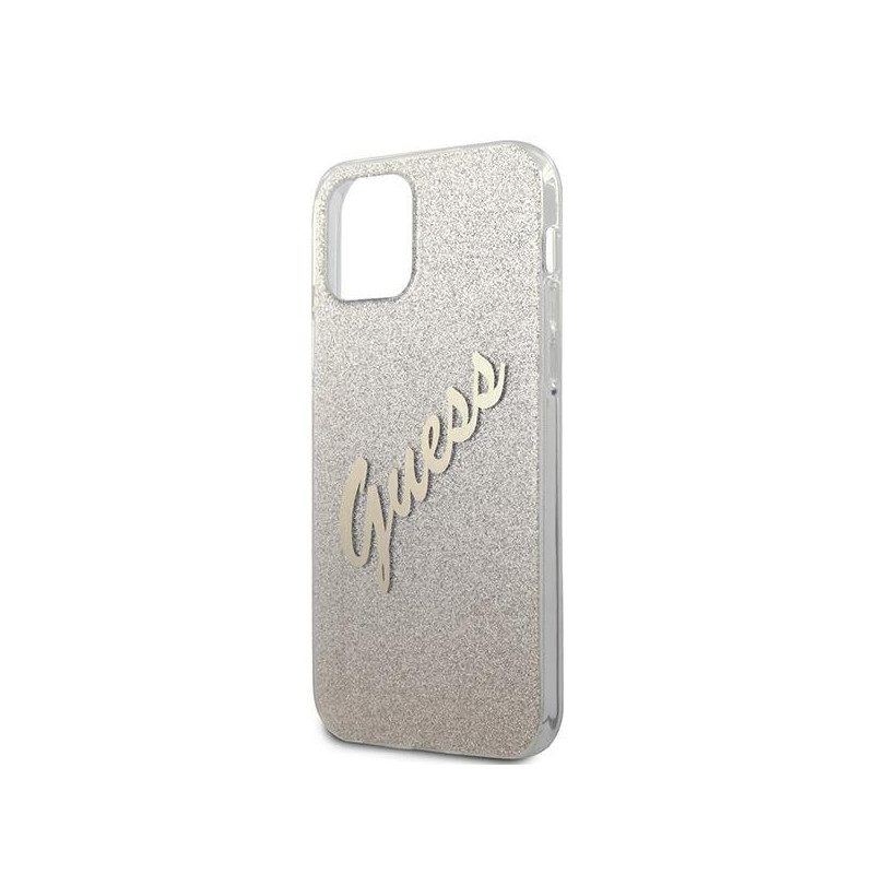 Guess Glitter Gradient Script dėklas, skirtas iPhone 12 / iPhone 12 Pro - auksinis
