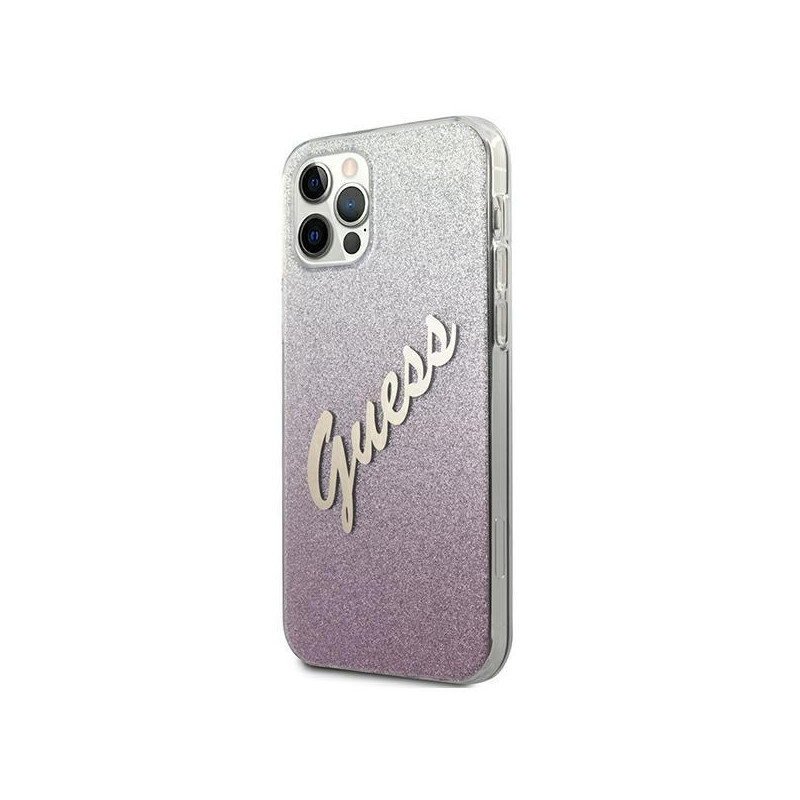 Guess Glitter Gradient Script dėklas, skirtas iPhone 12 / iPhone 12 Pro - rožinis