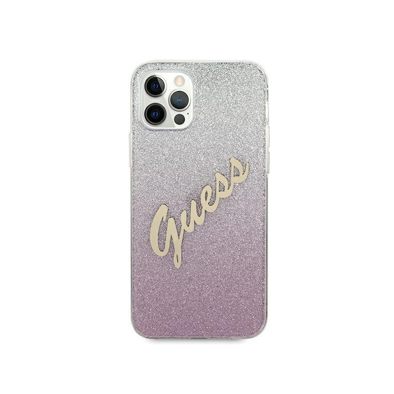 Guess Glitter Gradient Script dėklas, skirtas iPhone 12 / iPhone 12 Pro - rožinis