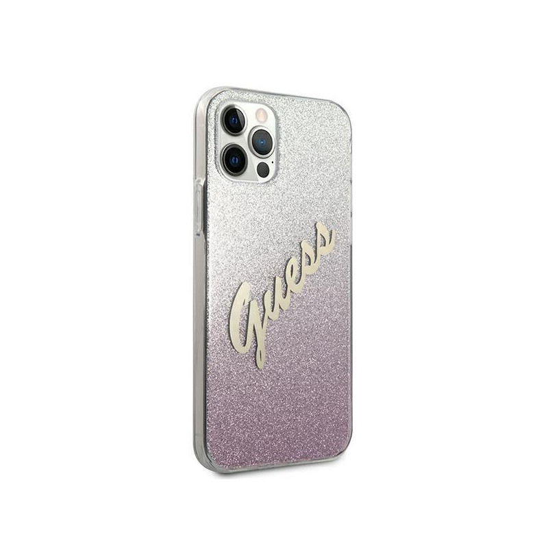 Guess Glitter Gradient Script dėklas, skirtas iPhone 12 / iPhone 12 Pro - rožinis