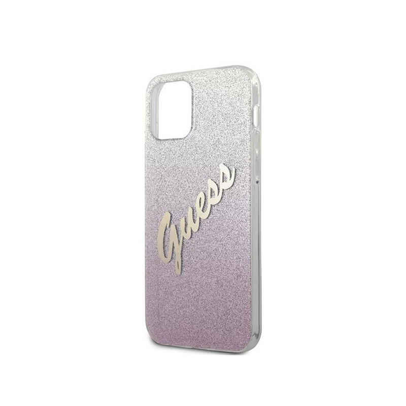 Guess Glitter Gradient Script dėklas, skirtas iPhone 12 / iPhone 12 Pro - rožinis