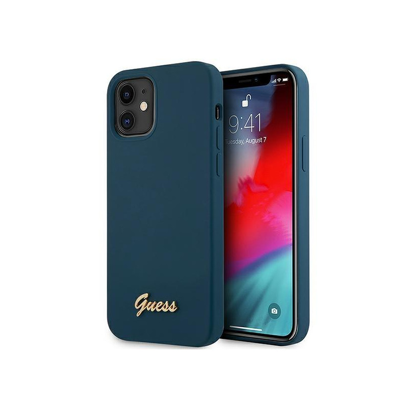 Guess Metal Logo Script dėklas iPhone 12 mini - mėlynas Guess Metal Logo Script dėklas iPhone 12 mini - mėlynas
