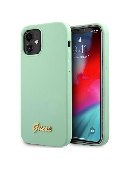 Guess Metal Logo Script dėklas iPhone 12 mini - žalias Guess Metal Logo Script dėklas iPhone 12 mini - žalias