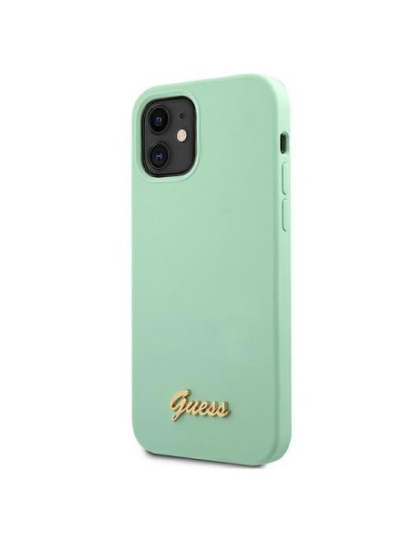 Guess Metal Logo Script dėklas iPhone 12 mini - žalias Guess Metal Logo Script dėklas iPhone 12 mini - žalias