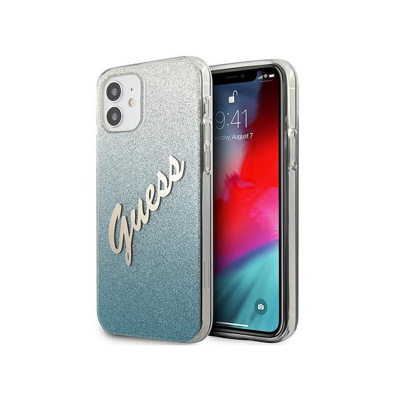 Guess Glitter Gradient Script dėklas iPhone 12 mini - mėlynas Guess Glitter Gradient Script dėklas iPhone 12 mini - mėlynas