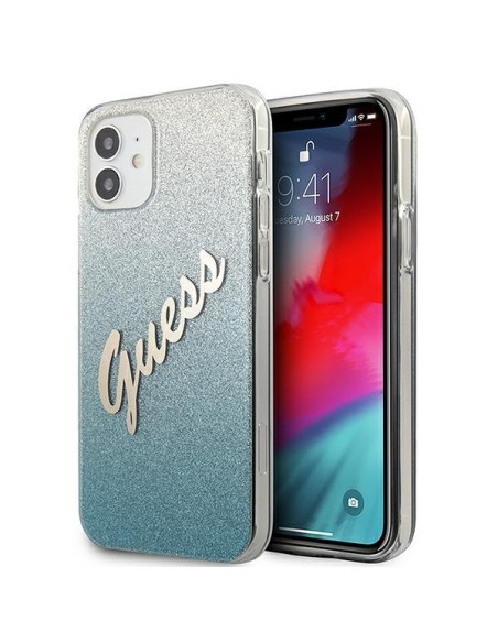 Guess Glitter Gradient Script dėklas iPhone 12 mini - mėlynas Guess Glitter Gradient Script dėklas iPhone 12 mini - mėlynas