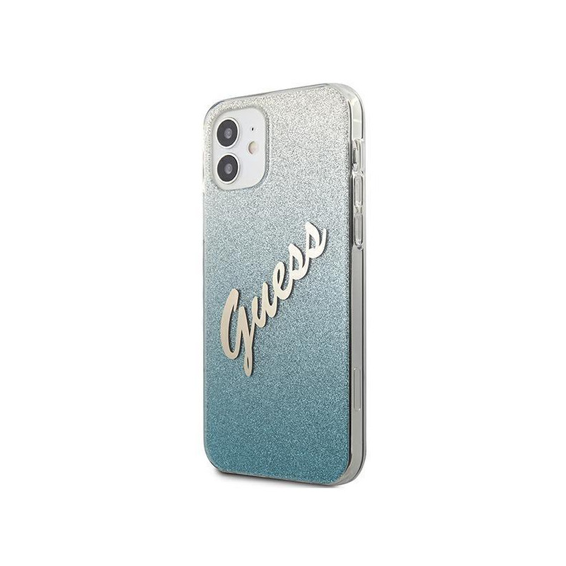 Guess Glitter Gradient Script dėklas iPhone 12 mini - mėlynas