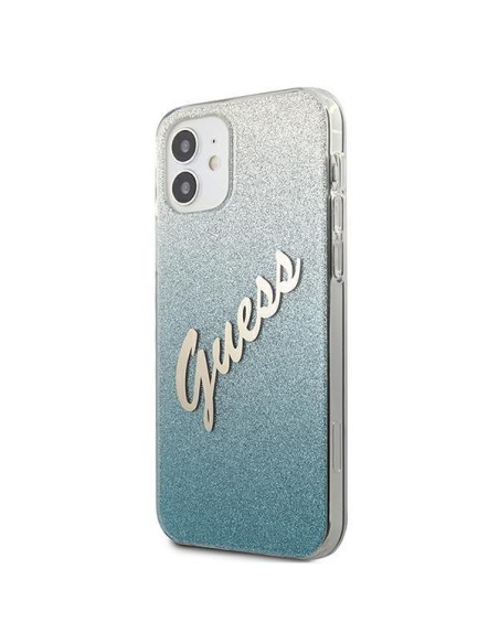 Guess Glitter Gradient Script dėklas iPhone 12 mini - mėlynas Guess Glitter Gradient Script dėklas iPhone 12 mini - mėlynas