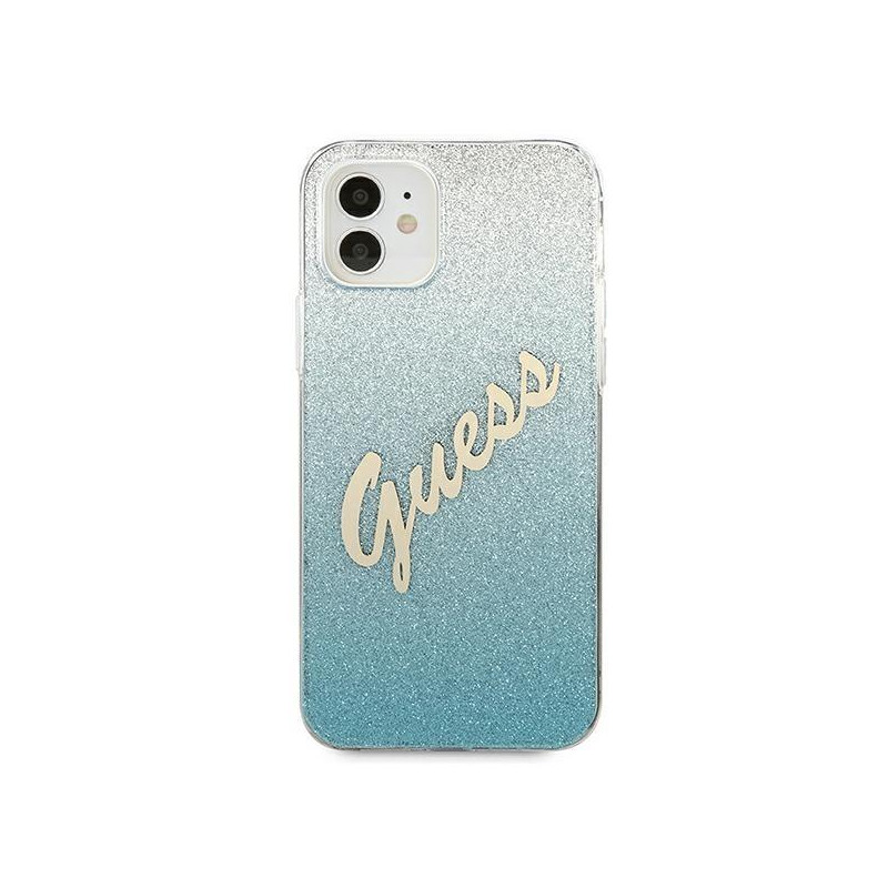 Guess Glitter Gradient Script dėklas iPhone 12 mini - mėlynas
