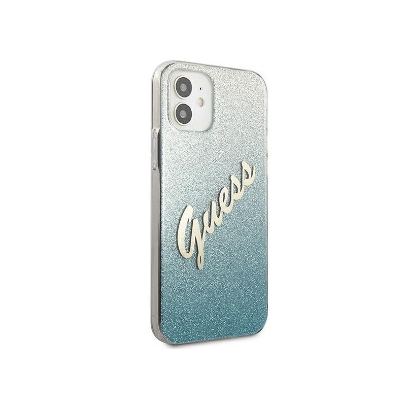 Guess Glitter Gradient Script dėklas iPhone 12 mini - mėlynas
