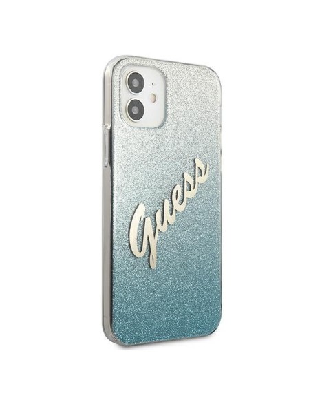 Guess Glitter Gradient Script dėklas iPhone 12 mini - mėlynas Guess Glitter Gradient Script dėklas iPhone 12 mini - mėlynas