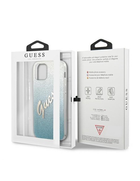 Guess Glitter Gradient Script dėklas iPhone 12 mini - mėlynas Guess Glitter Gradient Script dėklas iPhone 12 mini - mėlynas