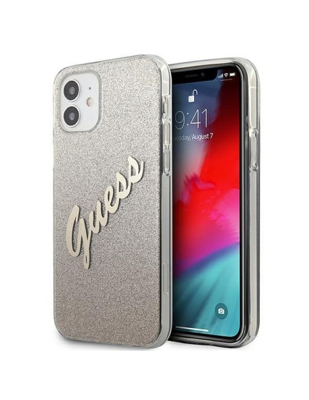 Guess Glitter Gradient Script dėklas iPhone 12 mini - auksinis Guess Glitter Gradient Script dėklas iPhone 12 mini - auksinis
