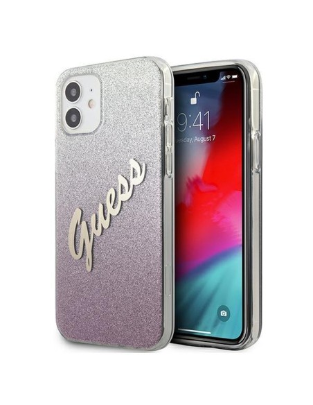 Guess Glitter Gradient Script dėklas iPhone 12 mini - rožinis Guess Glitter Gradient Script dėklas iPhone 12 mini - rožinis