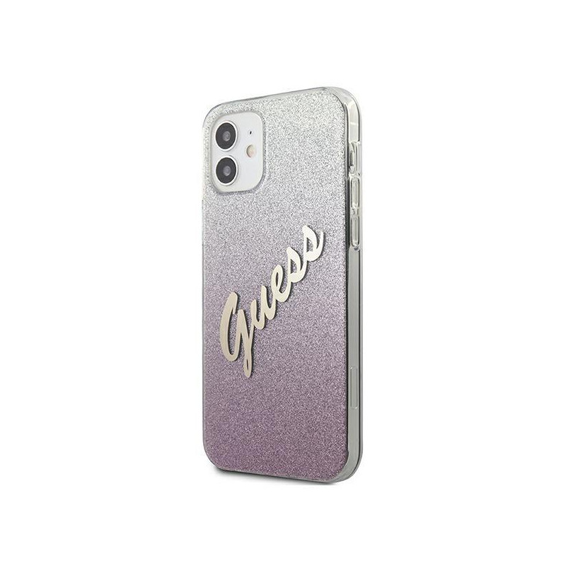 Guess Glitter Gradient Script dėklas iPhone 12 mini - rožinis