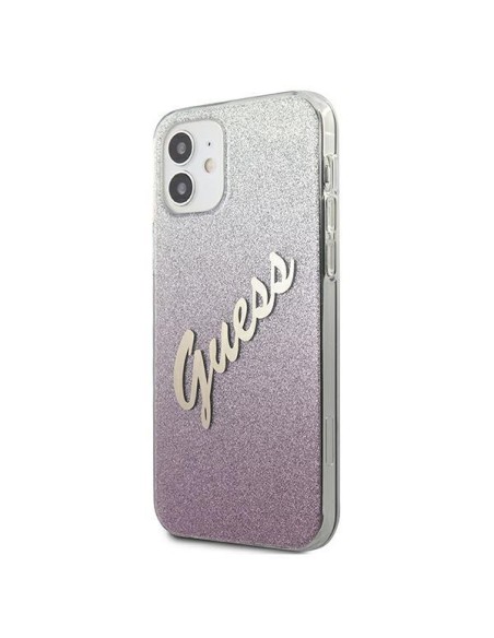 Guess Glitter Gradient Script dėklas iPhone 12 mini - rožinis Guess Glitter Gradient Script dėklas iPhone 12 mini - rožinis