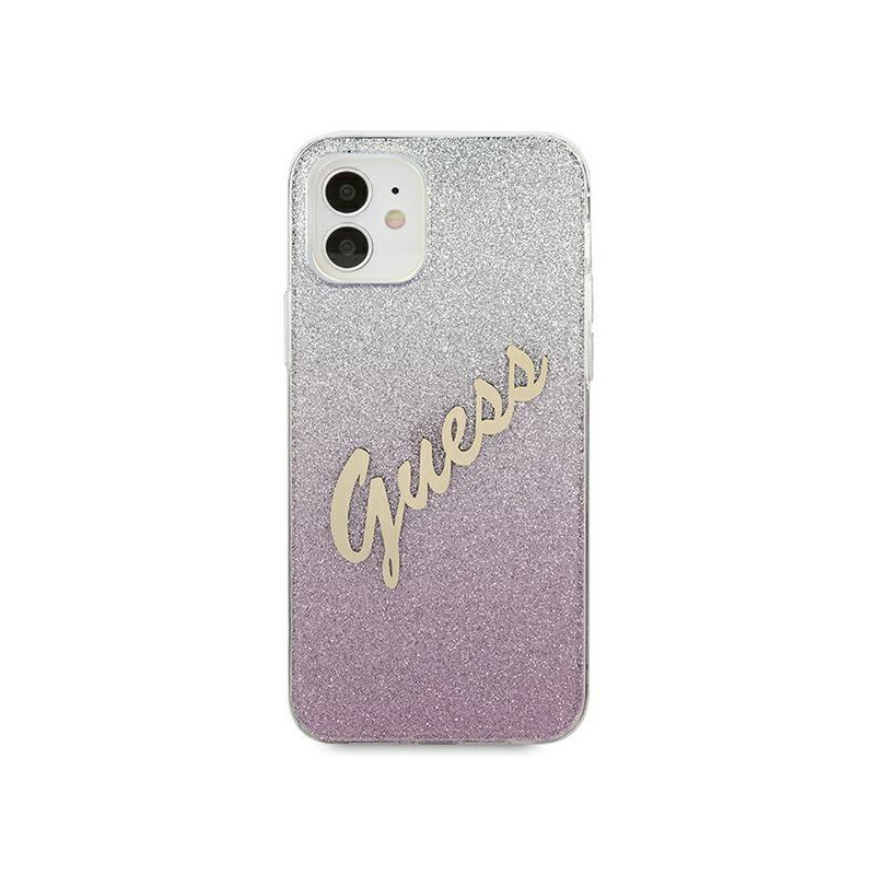 Guess Glitter Gradient Script dėklas iPhone 12 mini - rožinis