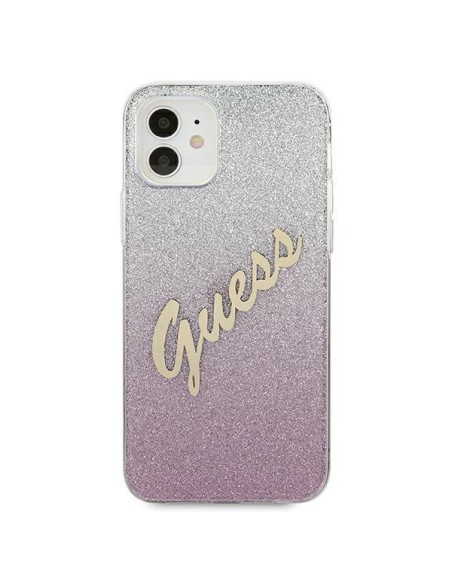 Guess Glitter Gradient Script dėklas iPhone 12 mini - rožinis Guess Glitter Gradient Script dėklas iPhone 12 mini - rožinis