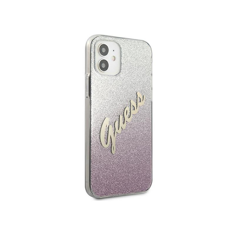 Guess Glitter Gradient Script dėklas iPhone 12 mini - rožinis