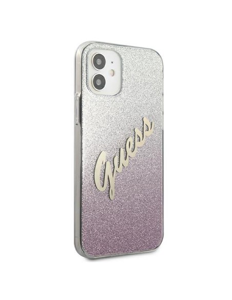 Guess Glitter Gradient Script dėklas iPhone 12 mini - rožinis Guess Glitter Gradient Script dėklas iPhone 12 mini - rožinis