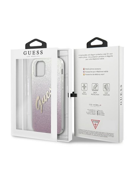Guess Glitter Gradient Script dėklas iPhone 12 mini - rožinis Guess Glitter Gradient Script dėklas iPhone 12 mini - rožinis
