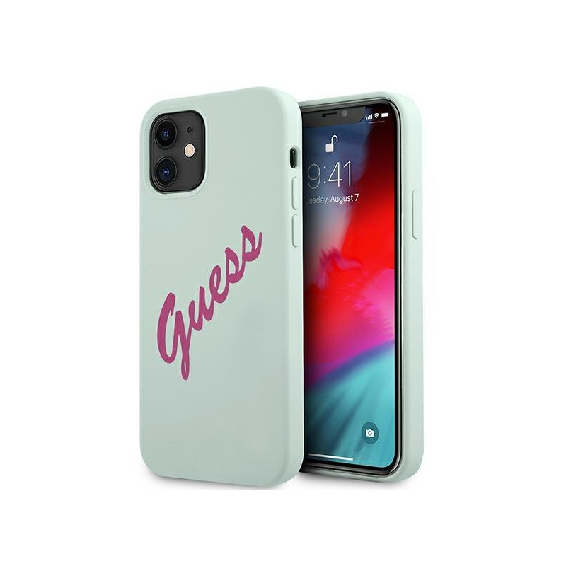 Guess Silicone Vintage dėklas iPhone 12 mini - mėlynos ir rožinės spalvos Guess Silicone Vintage dėklas iPhone 12 mini - mėlynos ir rožinės spalvos