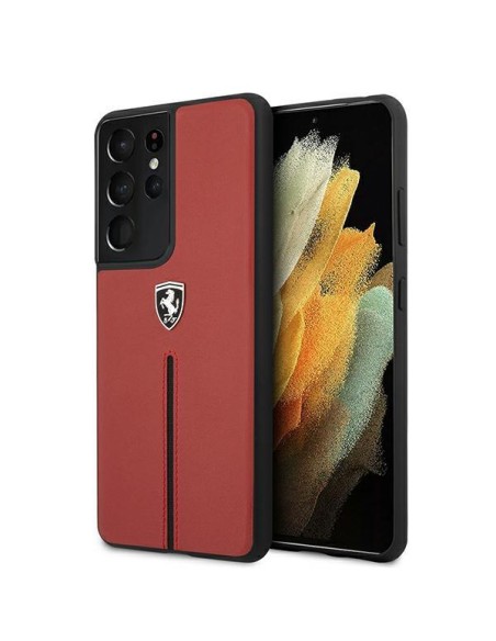 Ferrari Off Track Leather Nylon Stripe dėklas, skirtas Samsung Galaxy S21 Ultra - raudonas Ferrari Off Track Leather Nylon Stripe dėklas, skirtas Samsung Galaxy S21 Ultra - raudonas