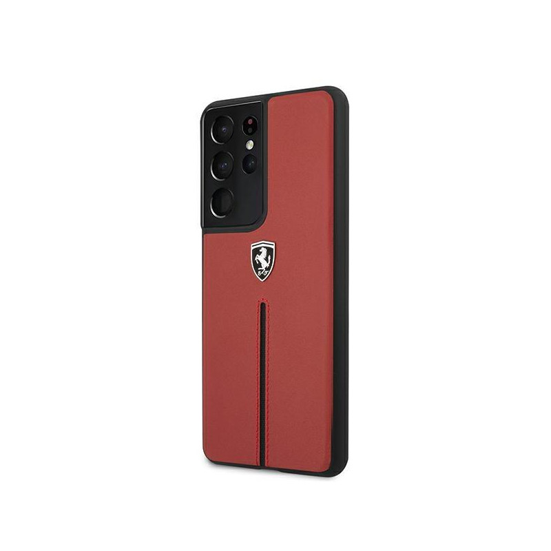 Ferrari Off Track Leather Nylon Stripe dėklas, skirtas Samsung Galaxy S21 Ultra - raudonas