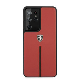Ferrari Off Track Leather Nylon Stripe dėklas, skirtas Samsung Galaxy S21 Ultra - raudonas