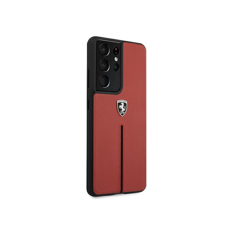 Ferrari Off Track Leather Nylon Stripe dėklas, skirtas Samsung Galaxy S21 Ultra - raudonas