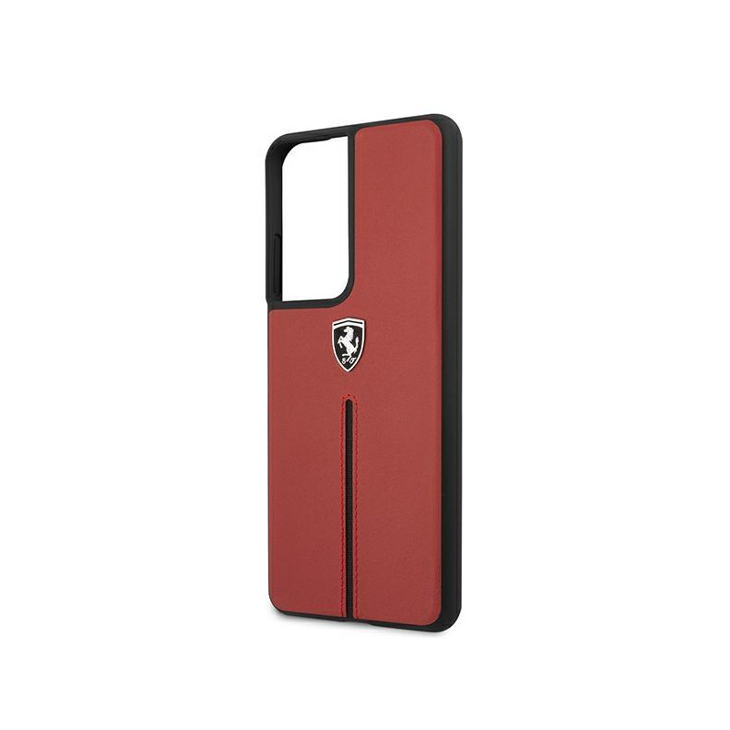 Ferrari Off Track Leather Nylon Stripe dėklas, skirtas Samsung Galaxy S21 Ultra - raudonas