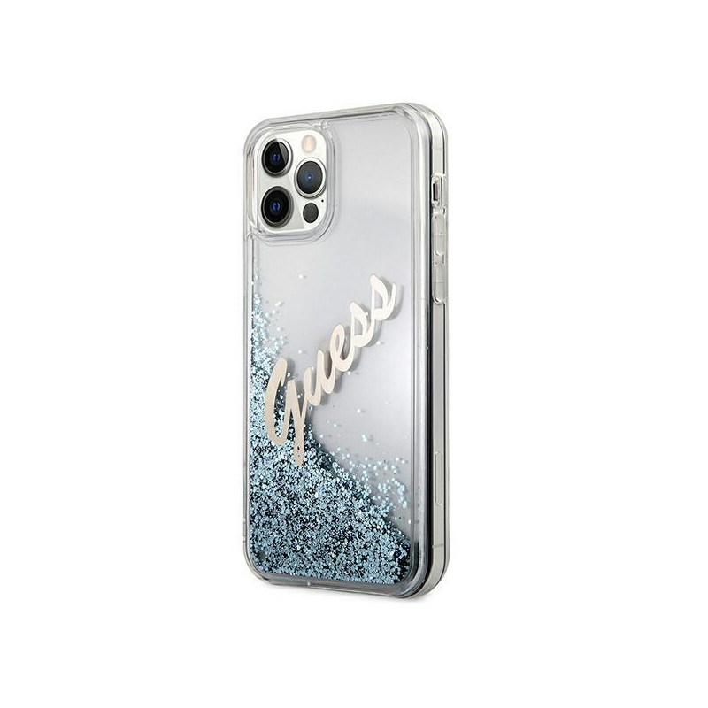 Guess Glitter Vintage Script dėklas, skirtas iPhone 12 Pro Max – mėlynas