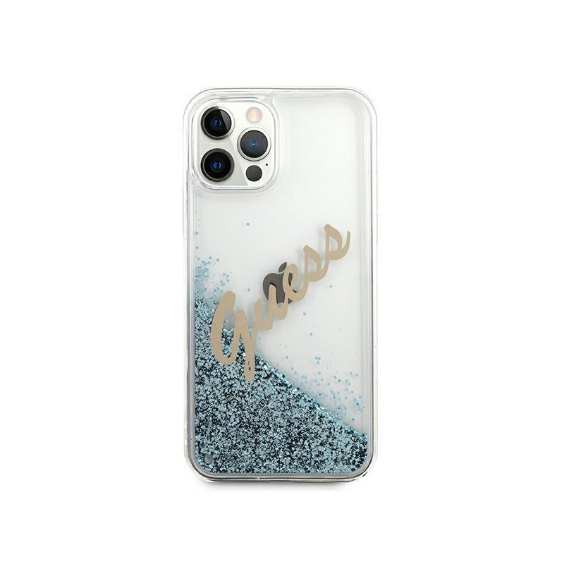 Guess Glitter Vintage Script dėklas, skirtas iPhone 12 Pro Max – mėlynas