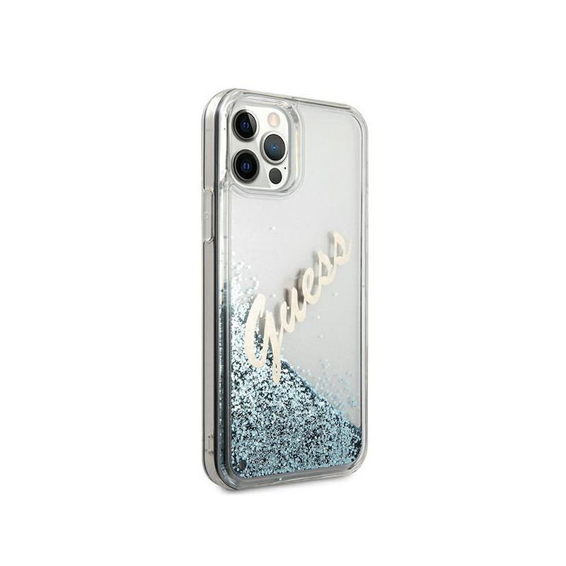 Guess Glitter Vintage Script dėklas, skirtas iPhone 12 Pro Max – mėlynas