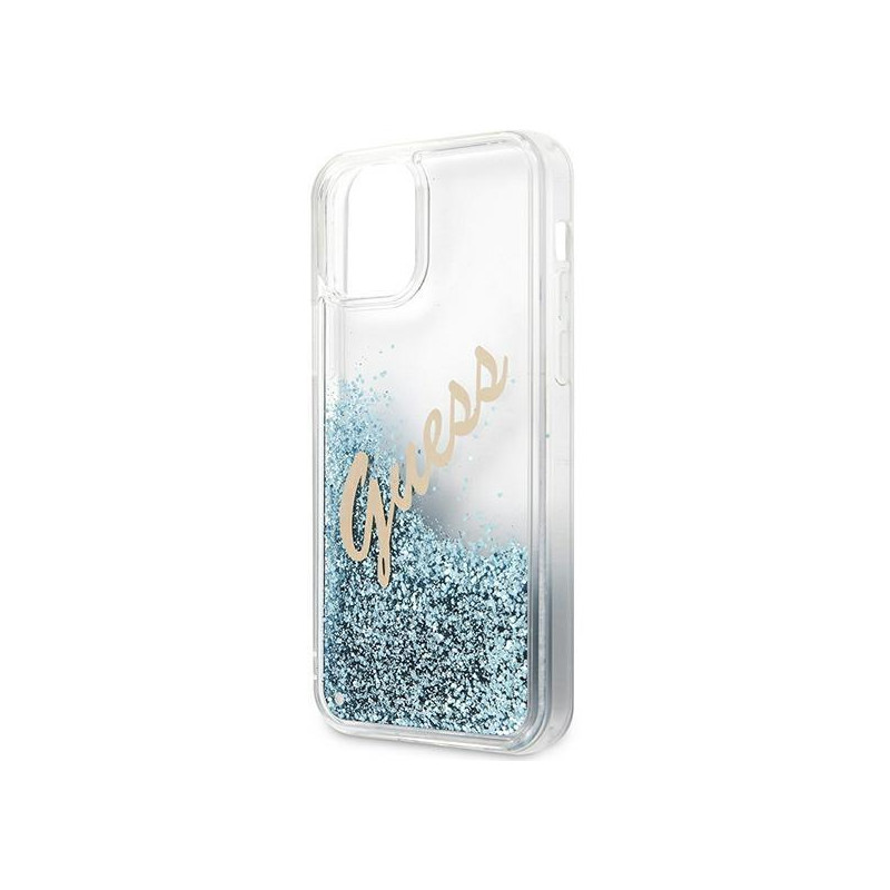 Guess Glitter Vintage Script dėklas, skirtas iPhone 12 Pro Max – mėlynas
