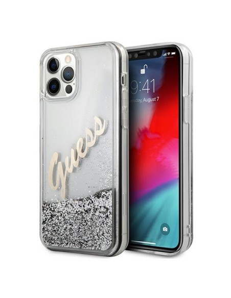 Guess Glitter Vintage Script dėklas, skirtas iPhone 12 Pro Max – sidabrinis