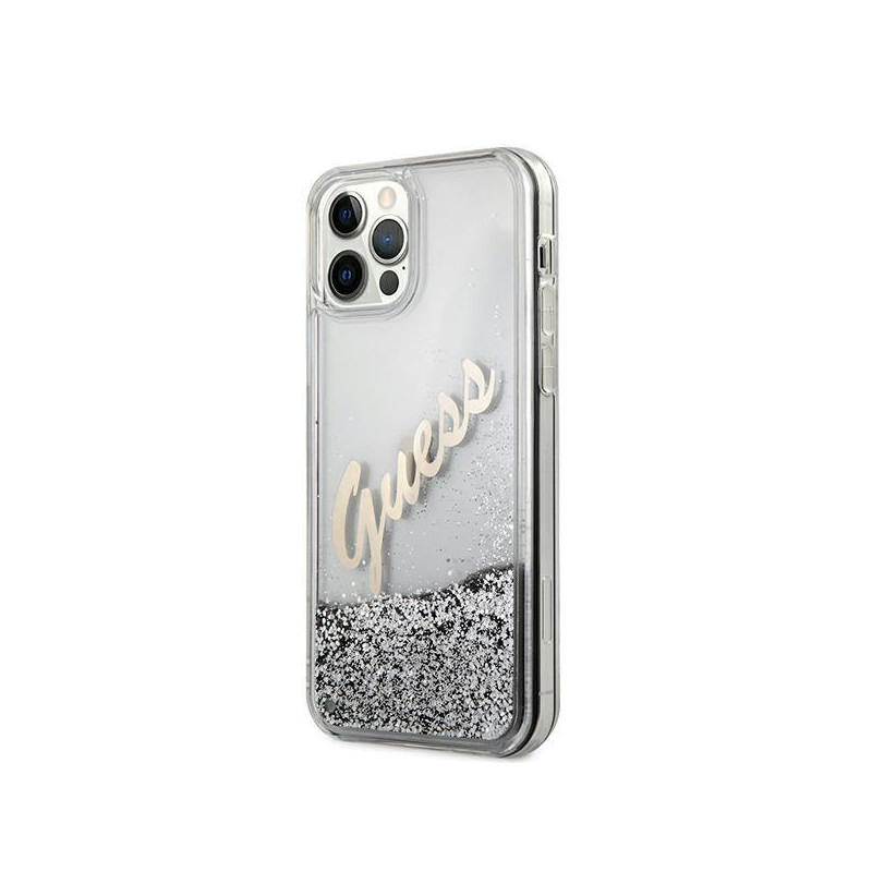 Guess Glitter Vintage Script dėklas, skirtas iPhone 12 Pro Max – sidabrinis