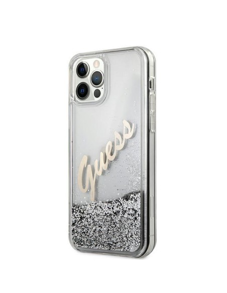 Guess Glitter Vintage Script dėklas, skirtas iPhone 12 Pro Max – sidabrinis