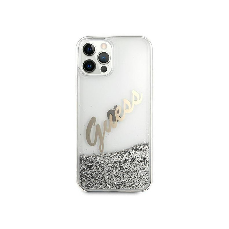 Guess Glitter Vintage Script dėklas, skirtas iPhone 12 Pro Max – sidabrinis