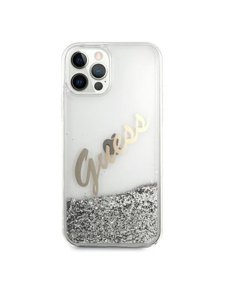 Guess Glitter Vintage Script dėklas, skirtas iPhone 12 Pro Max – sidabrinis