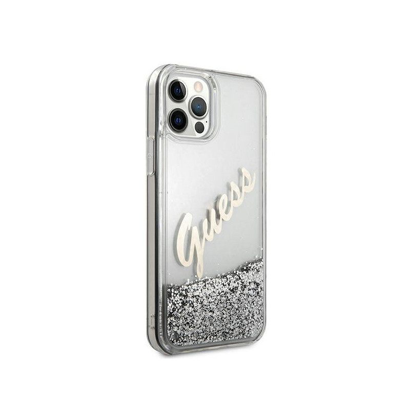 Guess Glitter Vintage Script dėklas, skirtas iPhone 12 Pro Max – sidabrinis