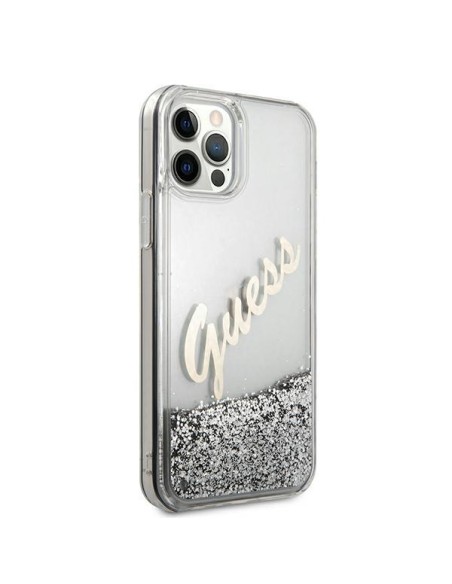 Guess Glitter Vintage Script dėklas, skirtas iPhone 12 Pro Max – sidabrinis